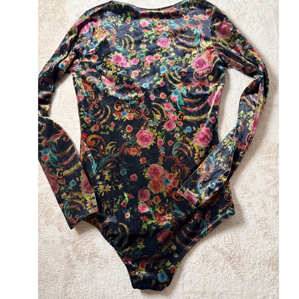 Charlotte Russe Womens Floral Baroque Velvet Bodysuit S y2K VTG Dark Romantic